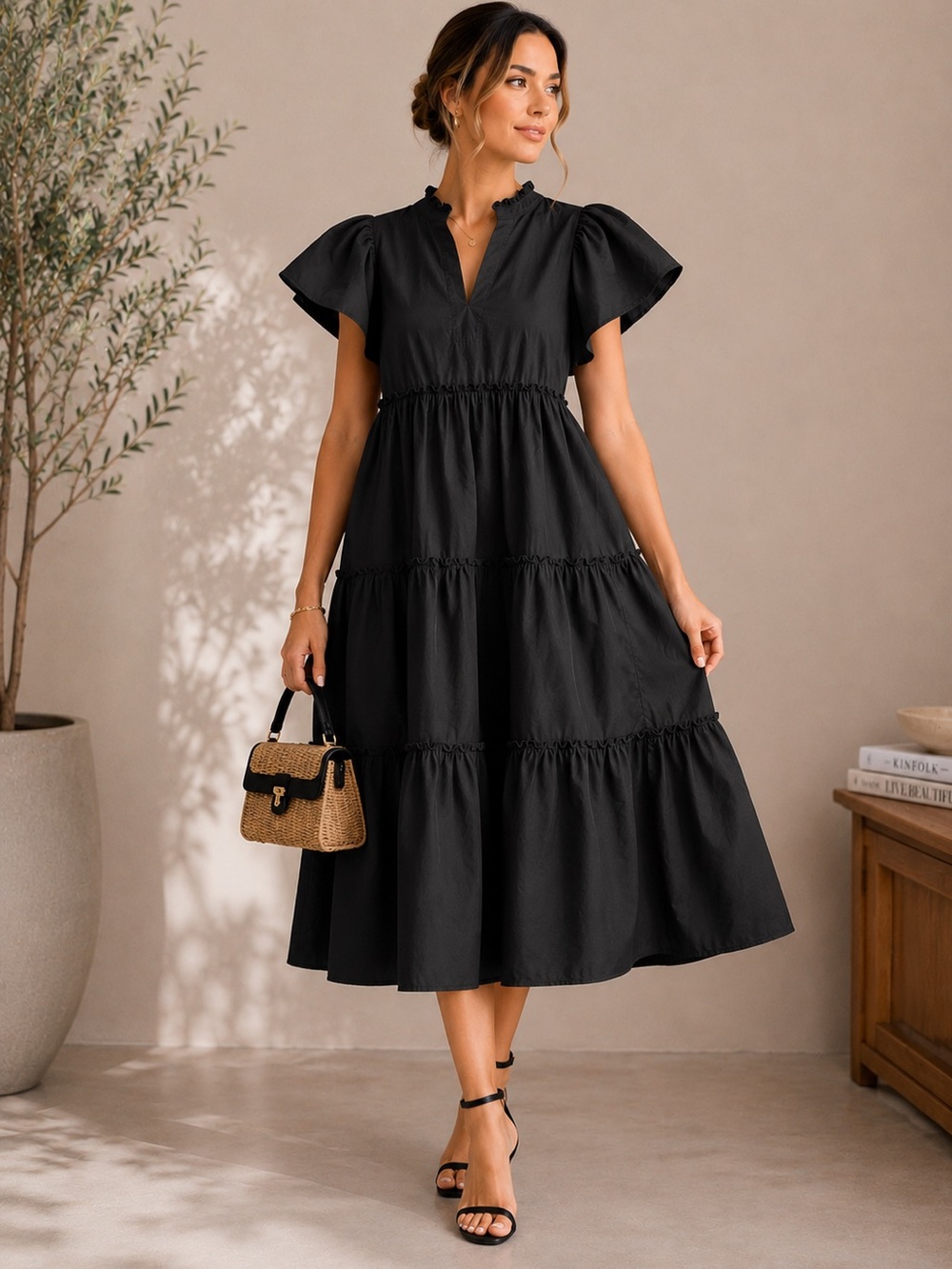 Sugar Lips Black Tiered Midi Dress Flutter Sleeve Cotton Poplin Size Small
